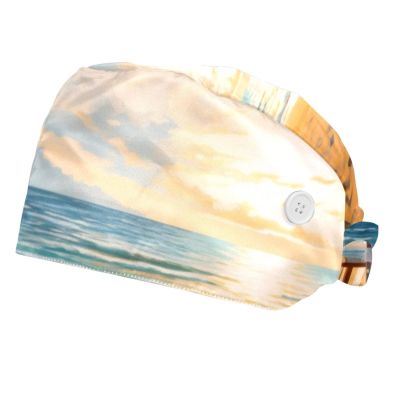 2-Pc,Bouffant Nurse Hats,Scrub Cap Adjustable Scrub Hats with Sweatband,Beach Landscape Art Pattern