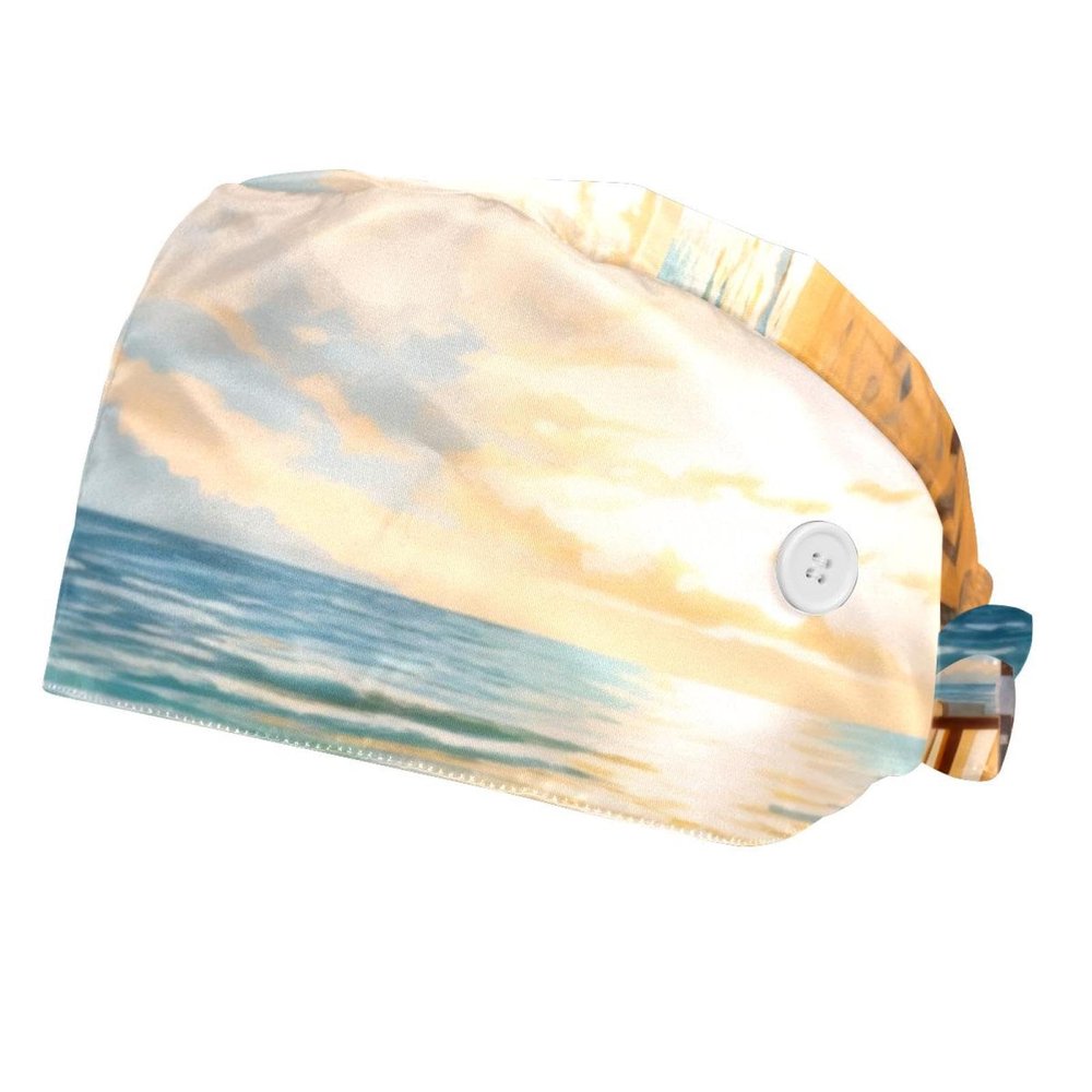 2-Pc,Bouffant Nurse Hats,Scrub Cap Adjustable Scrub Hats with Sweatband,Beach Landscape Art Pattern