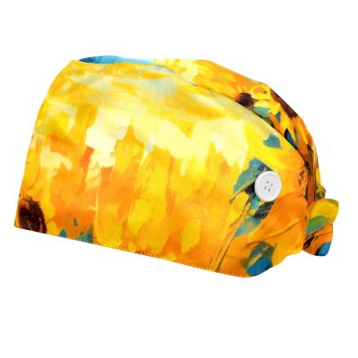 2-Pc,Bouffant Nurse Hats,Scrub Cap Adjustable Scrub Hats with Sweatband,Watercolor Field Sunflower