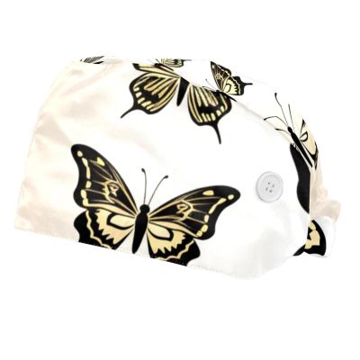 2-Pc,Bouffant Nurse Hats,Scrub Cap Adjustable Scrub Hats with Sweatband,Butterflies Hand Drawn