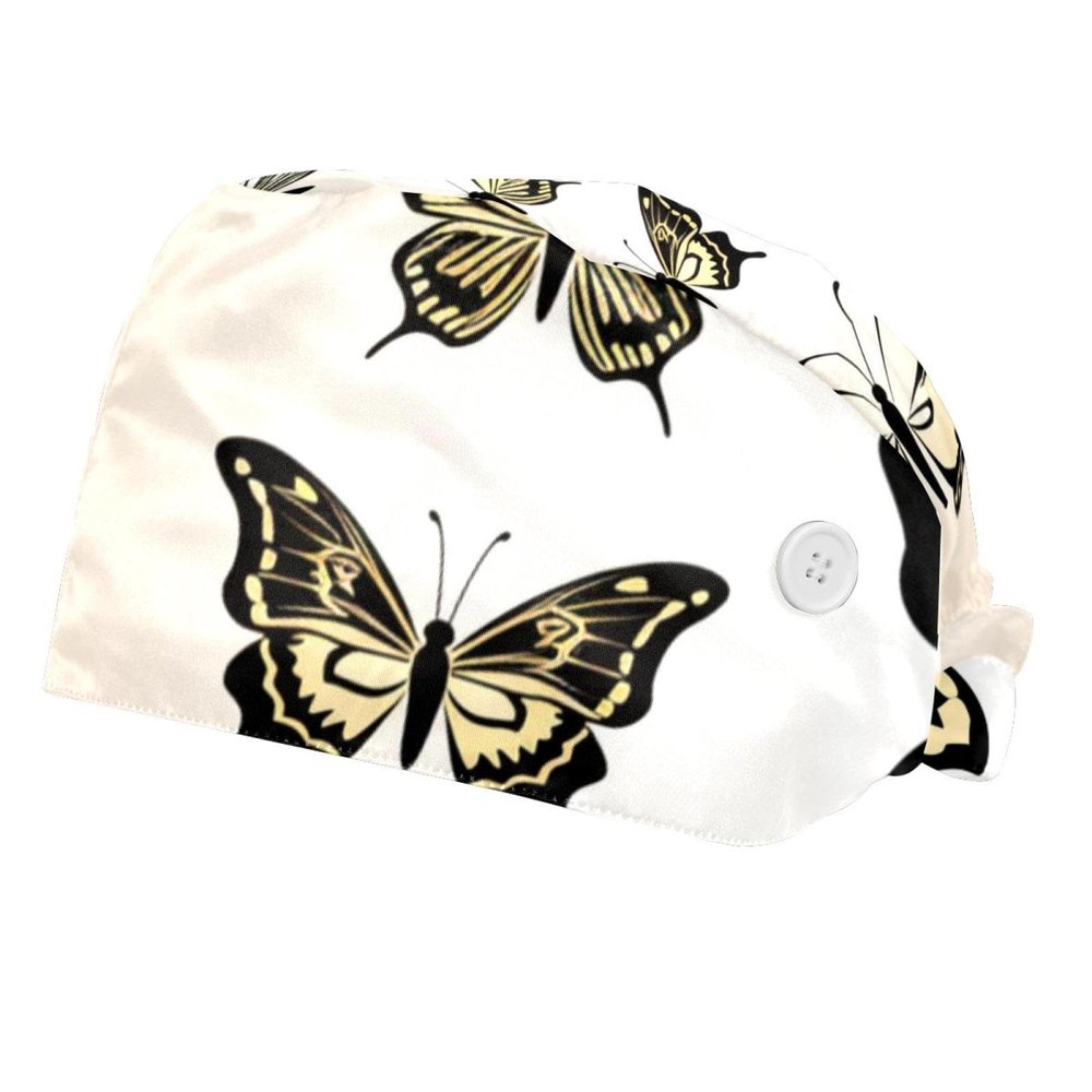 2-Pc,Bouffant Nurse Hats,Scrub Cap Adjustable Scrub Hats with Sweatband,Butterflies Hand Drawn
