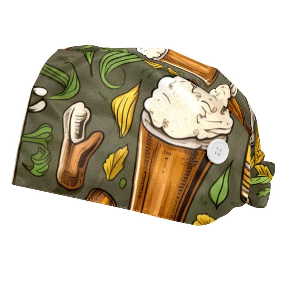 2-Pc,Bouffant Nurse Hats,Scrub Cap Adjustable Scrub Hats with Sweatband,Beer Food Cartoon Table