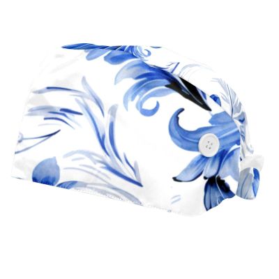2-Pc,Bouffant Nurse Hats,Scrub Cap Adjustable Scrub Hats with Sweatband,Blue Floral Leaves
