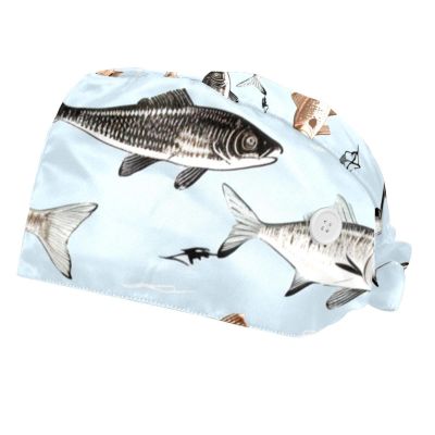 2-Pc,Bouffant Nurse Hats,Scrub Cap Adjustable Scrub Hats with Sweatband,Vintage Ocean Fishes