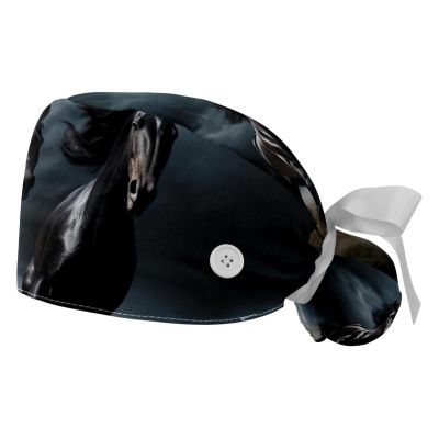 2-Pc,Scrub Hats Women Bouffant Hats,Work Hat with Buttons and Cotton Sweatband,Black Horse Running Cloudy