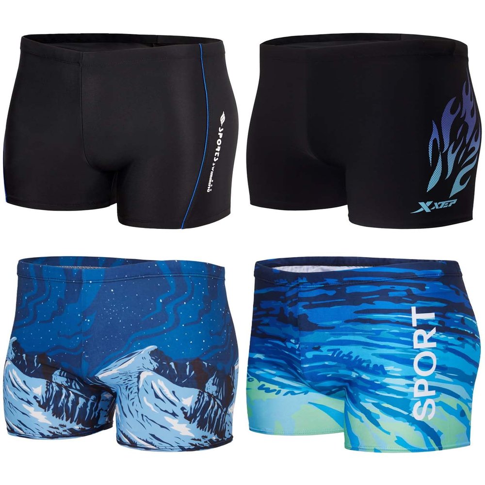 KANAV 4 Pack Men's Athletic Swim Jammers Quick Dry Square Leg Swim Briefs Competitive Swimsuit Black/Blue