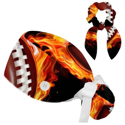 Nurse Scrub Caps,Scrub Hats with Buttons and Cotton Sweatband,American Football in Fire