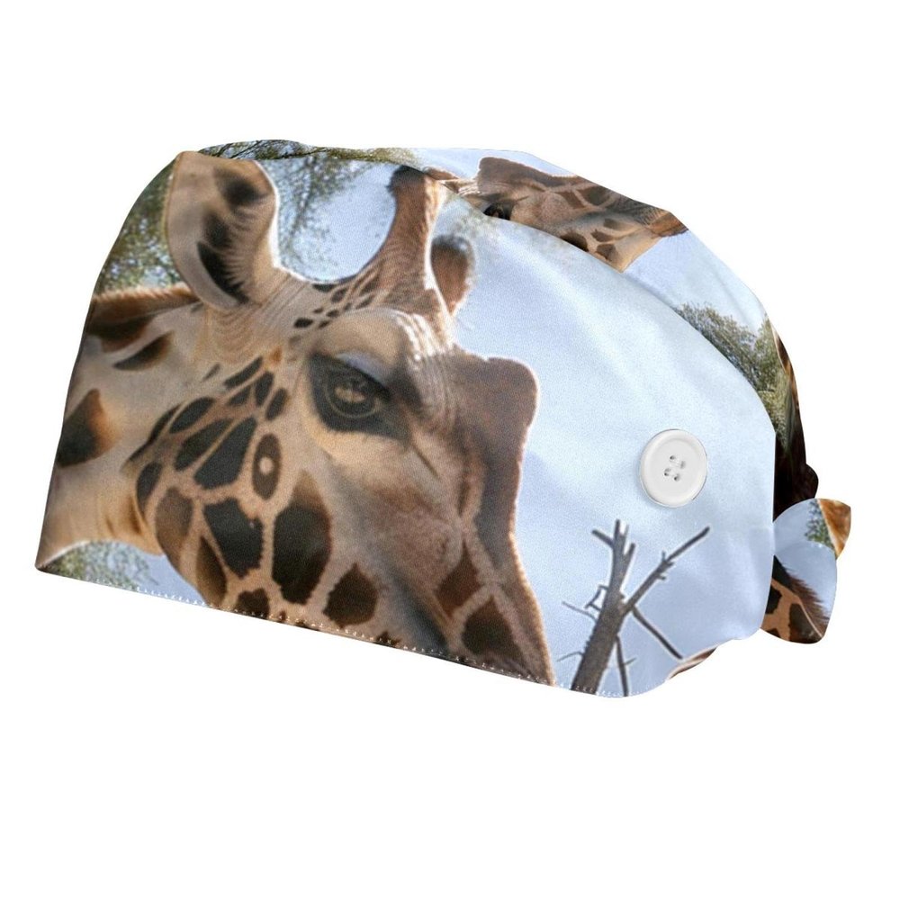 2-Pc,Bouffant Nurse Hats,Scrub Cap Adjustable Scrub Hats with Sweatband,Forest Animals Funny Giraffe