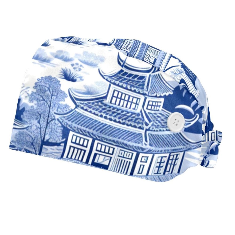 2-Pc,Bouffant Nurse Hats,Scrub Cap Adjustable Scrub Hats with Sweatband,Ancient Building House Tree