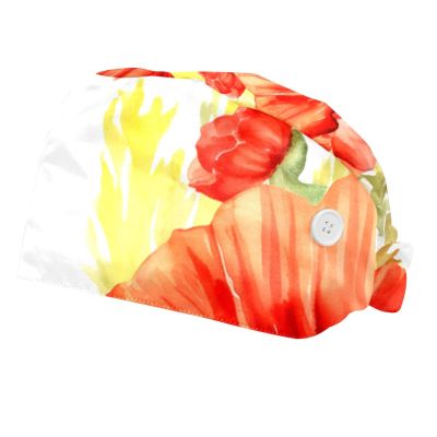 2-Pc,Bouffant Nurse Hats,Scrub Cap Adjustable Scrub Hats with Sweatband,Watercolor Red and Yellow Flowers