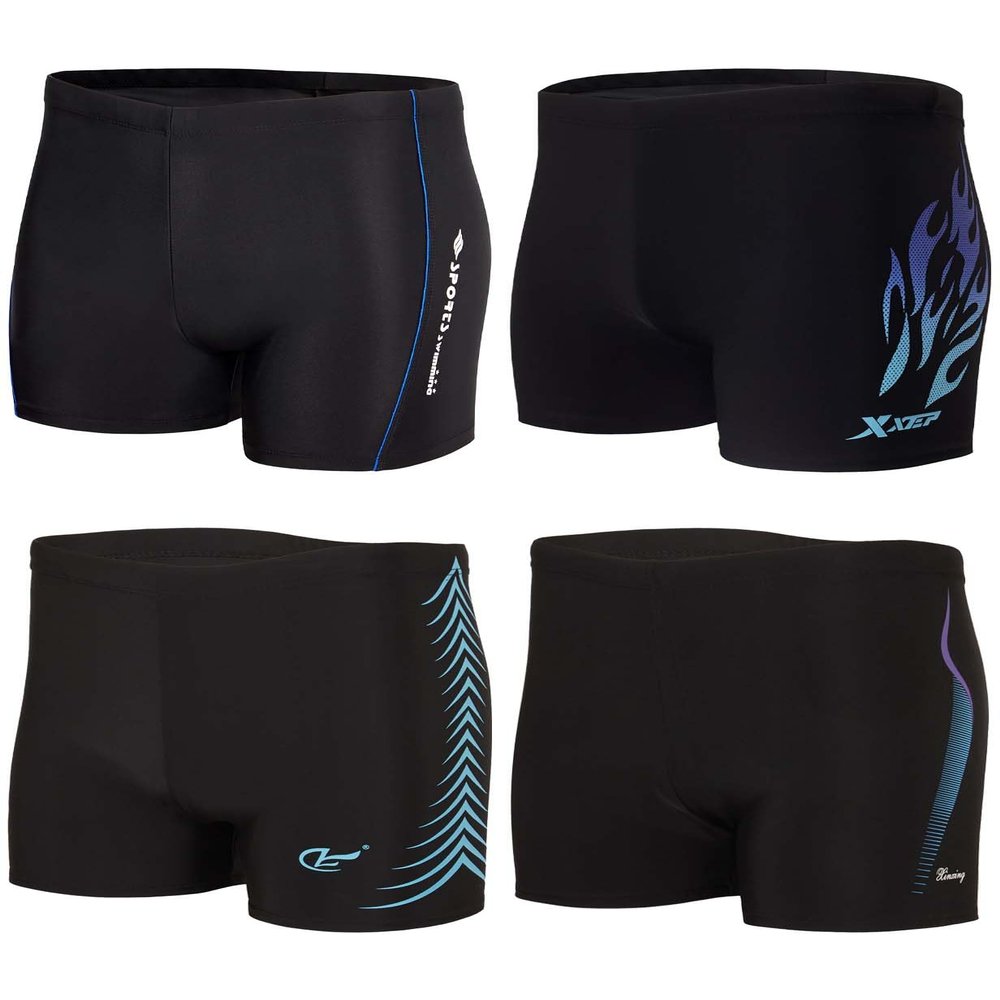 KANAV 4 Pack Men's Athletic Swim Jammers Quick Dry Square Leg Swim Briefs Competitive Swimsuit Black Print