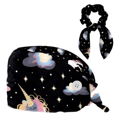 Scrub Hat,Working Head Cover with Buttons and Cotton Sweatband,Unicorn Black and White Cloud