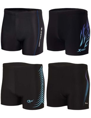 KANAV 4 Pack Men's Athletic Swim Jammers Quick Dry Square Leg Swim Briefs Competitive Swimsuit Black Print
