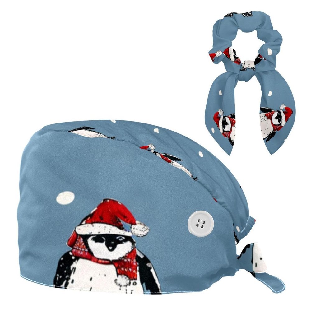 Nursing Hats,Working Cap with Buttons and Cotton Sweatband,Winter Snowflake Penguin