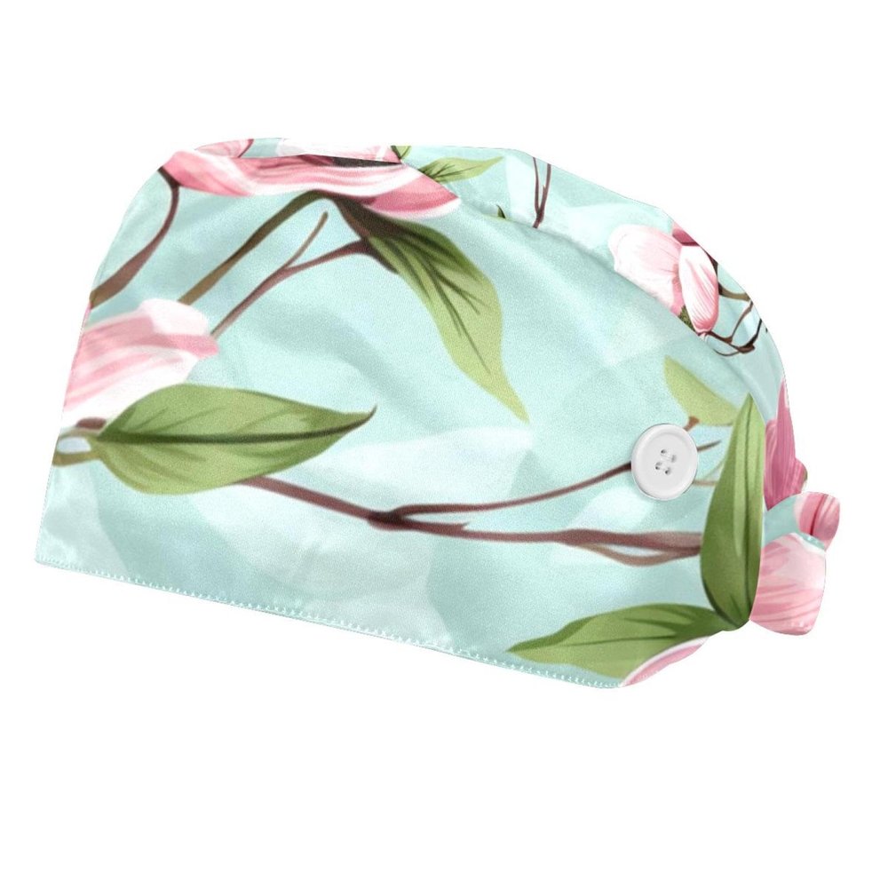 2-Pc,Scrub Bouffant Caps,Workout Hat with Sweatband Headgear for Women,Blooming Spring Flowers