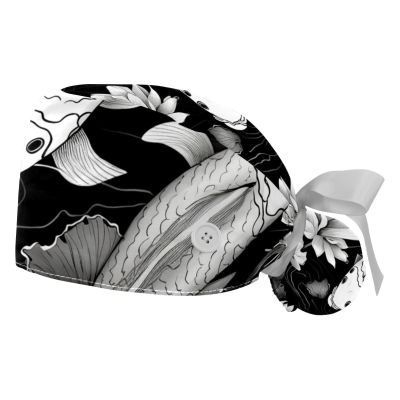 2-Pc,Gourd-Shaped Working Cap,Fisherman Hat with Buttons and Cotton Sweatband,Black White Koi Fish with Lotus