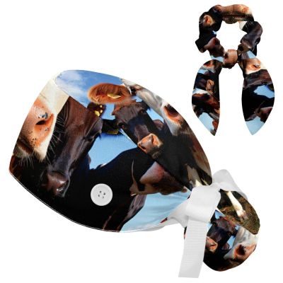 Nurse Scrub Caps,Scrub Hats with Buttons and Cotton Sweatband,Farm Prairie Cute Cow