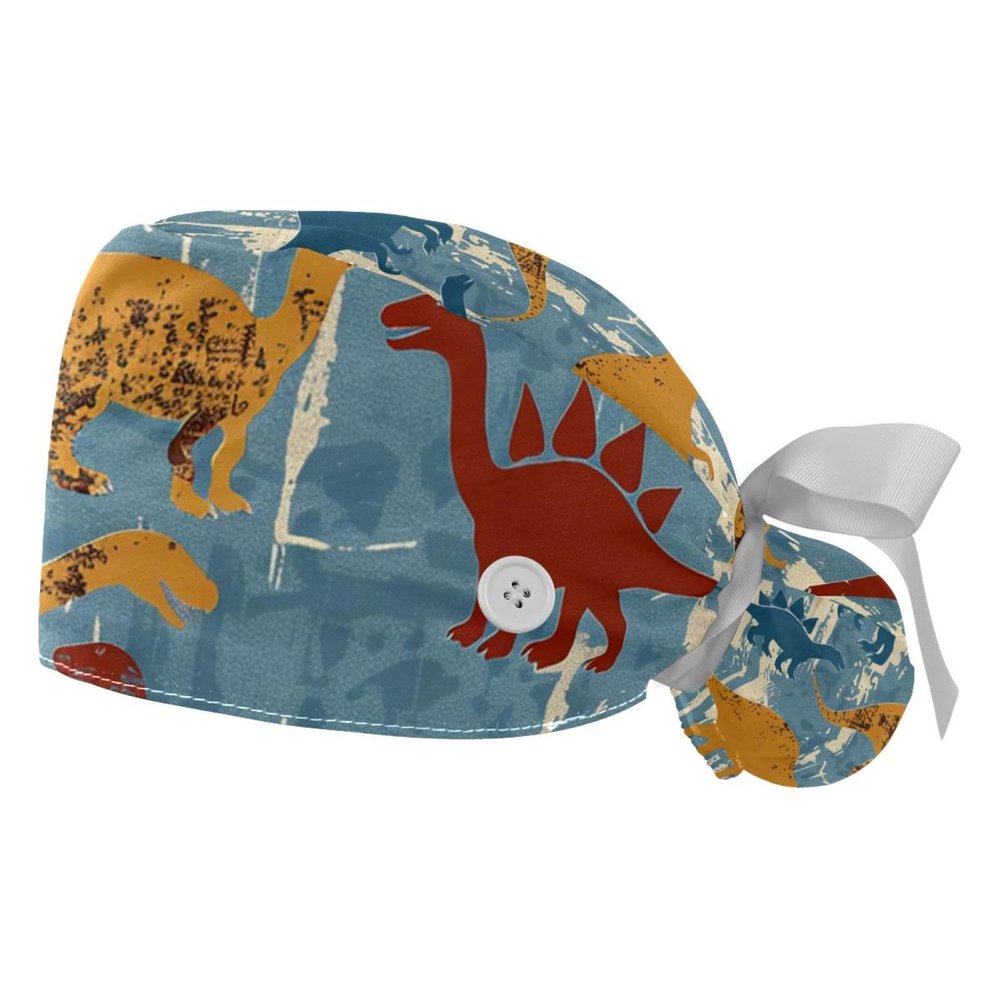 2-Pc,Gourd-Shaped Working Cap,Fisherman Hat with Buttons and Cotton Sweatband,Colored Silhouette Dinosaur