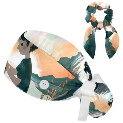 Nurse Scrub Caps,Scrub Hats with Buttons and Cotton Sweatband,Landscape Animal Dog
