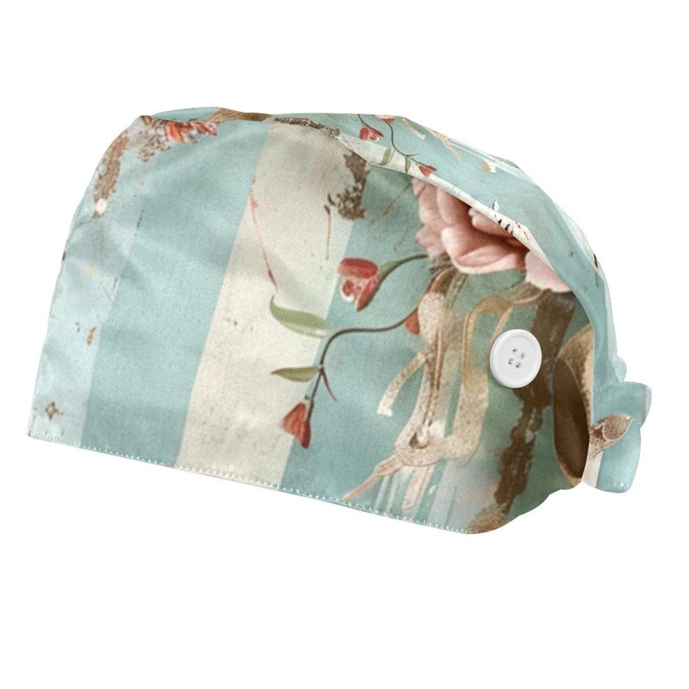 2-Pc,Bouffant Nurse Hats,Scrub Cap Adjustable Scrub Hats with Sweatband,Flower Arrow Bull Skull