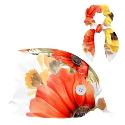 Scrub Hat,Working Head Cover with Buttons and Cotton Sweatband,Watercolor Red and Yellow Flowers