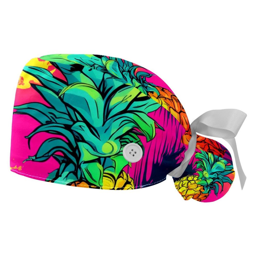 2-Pc,Gourd-Shaped Working Cap,Fisherman Hat with Buttons and Cotton Sweatband,Art Color Doodle Pineapple