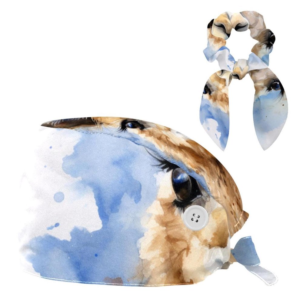 Scrub Hat,Working Head Cover with Buttons and Cotton Sweatband,Funny Animal Art Painting Llama
