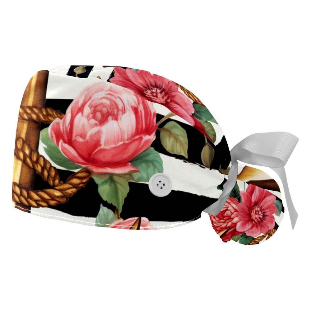 2-Pc,Gourd-Shaped Working Cap,Fisherman Hat with Buttons and Cotton Sweatband,Anchor Flower Black and White Stripes