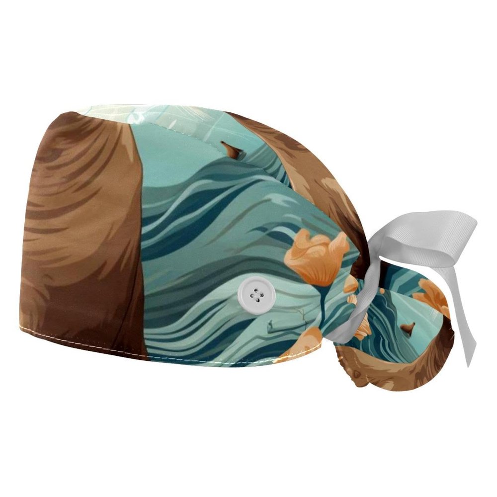 2-Pc,Gourd-Shaped Working Cap,Fisherman Hat with Buttons and Cotton Sweatband,Animal Seal Art Ocean Pattern