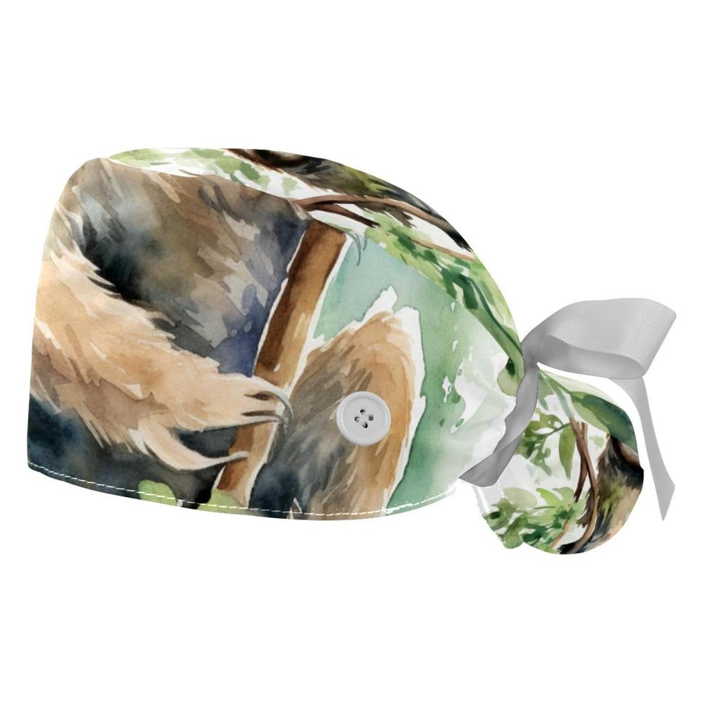 2-Pc,Gourd-Shaped Working Cap,Fisherman Hat with Buttons and Cotton Sweatband,Animal Sloth Palm Tree