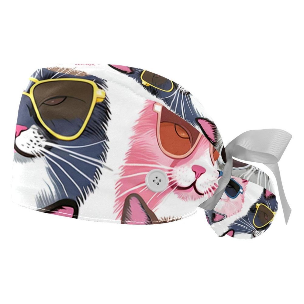 2-Pc,Gourd-Shaped Working Cap,Fisherman Hat with Buttons and Cotton Sweatband,Cartoon Funny Cats