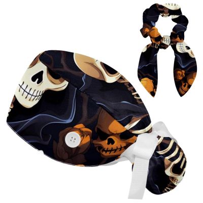 Nurse Scrub Caps,Scrub Hats with Buttons and Cotton Sweatband,Abstract Skeleton and Skull Art Illustration