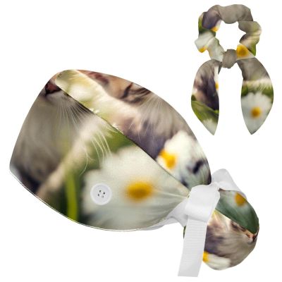 Nurse Scrub Caps,Scrub Hats with Buttons and Cotton Sweatband,Daisy and Flower Cat