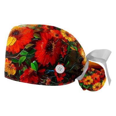 2-Pc,Gourd-Shaped Working Cap,Fisherman Hat with Buttons and Cotton Sweatband,Daisy Oil Painting Flower