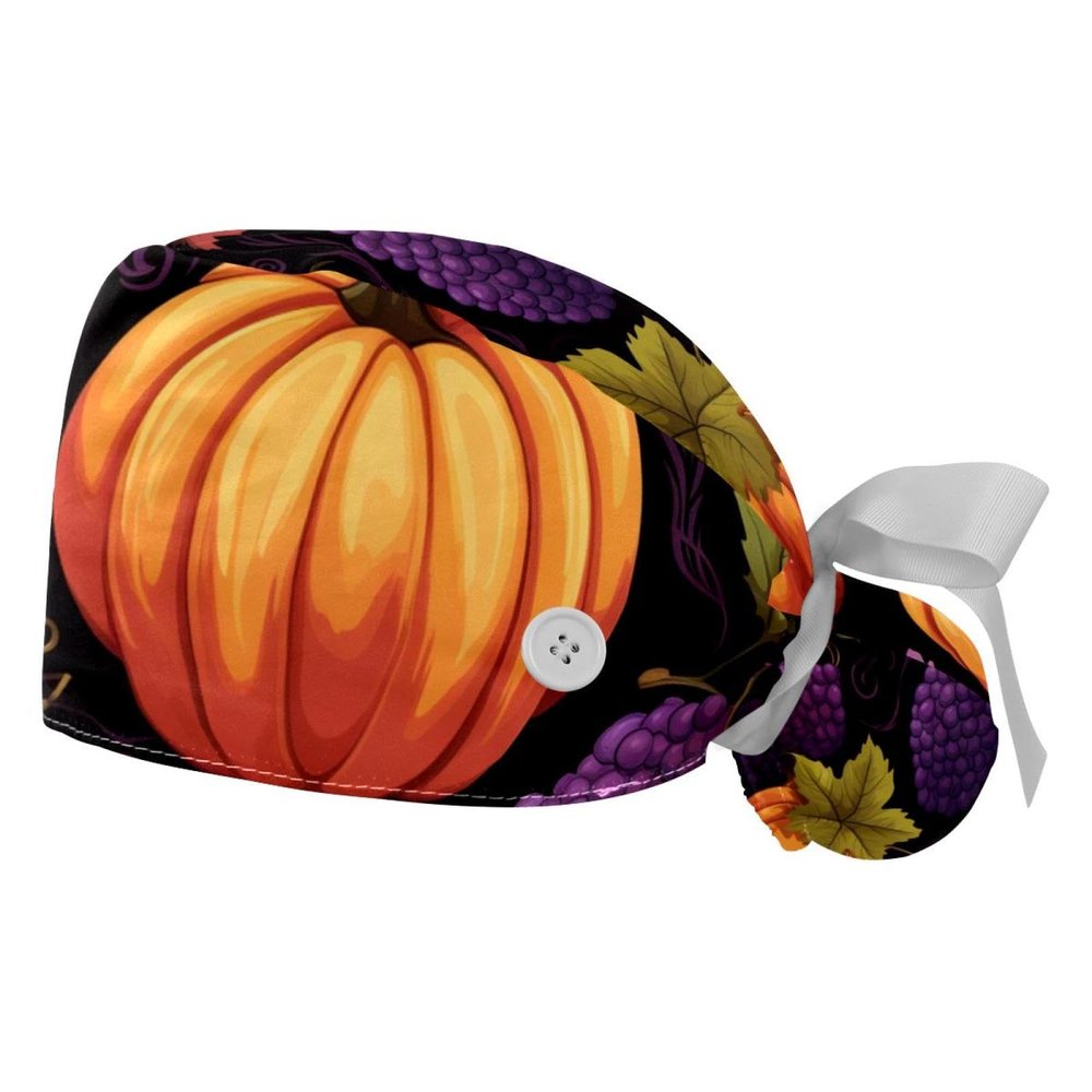 2-Pc,Gourd-Shaped Working Cap,Fisherman Hat with Buttons and Cotton Sweatband,Autumn Leaves Fruit Pumpkin