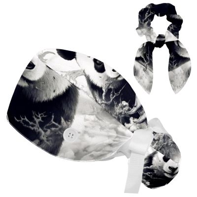 Nurse Scrub Caps,Scrub Hats with Buttons and Cotton Sweatband,Animal Panda Abstract Art Pattern