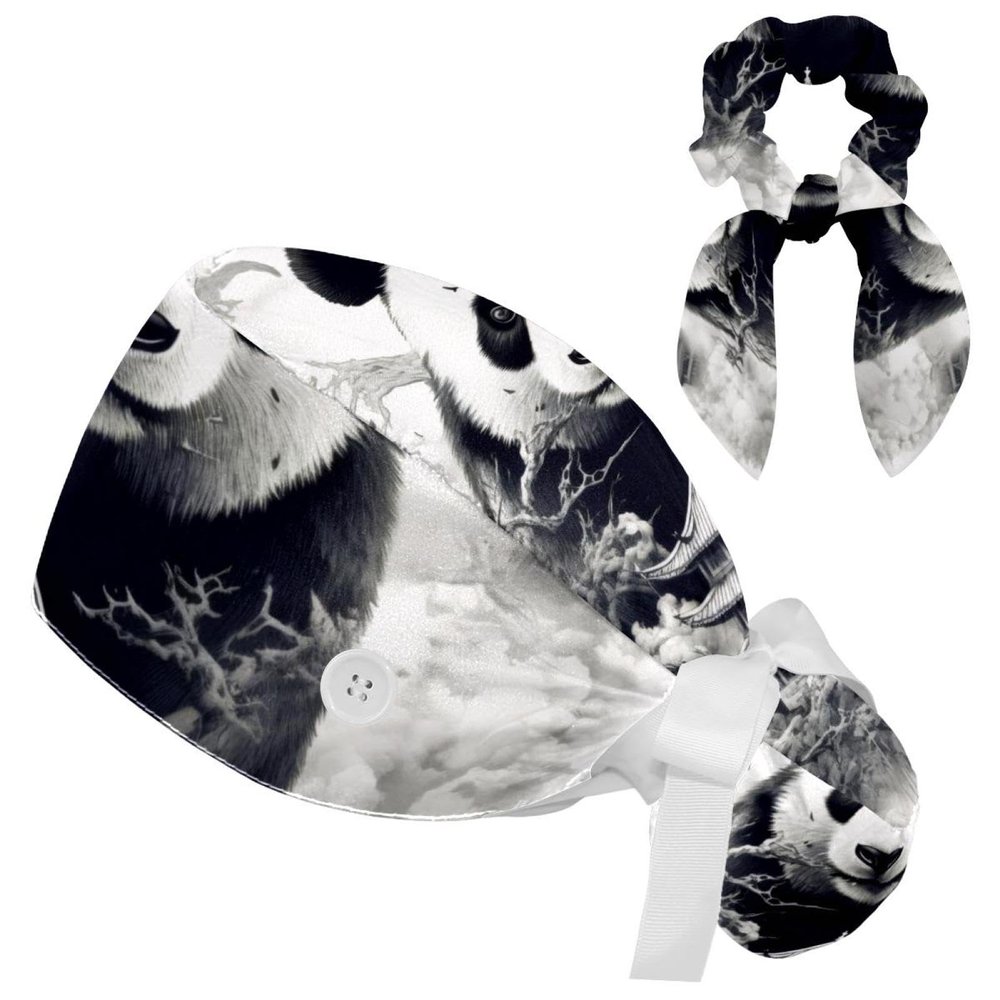 Nurse Scrub Caps,Scrub Hats with Buttons and Cotton Sweatband,Animal Panda Abstract Art Pattern