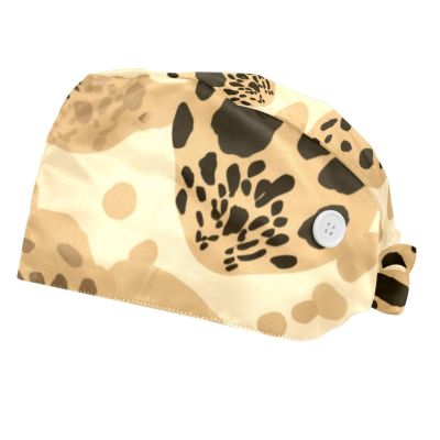 2-Pc,Bouffant Scrub Caps for Women,Beanie Hats with Buttons and Cotton Sweatband,Yellow Leopard Print