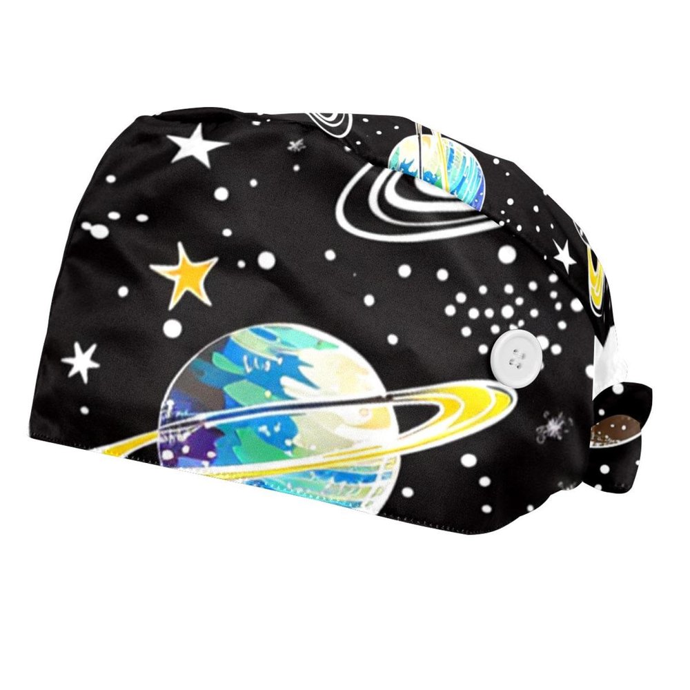 2-Pc,Bouffant Nurse Hats,Scrub Cap Adjustable Scrub Hats with Sweatband,Cartoon Space Rocket Planet