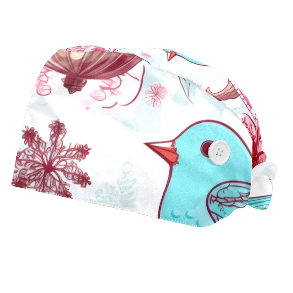 2-Pc,Bouffant Nurse Hats,Scrub Cap Adjustable Scrub Hats with Sweatband,Bird and Candy Snowflake