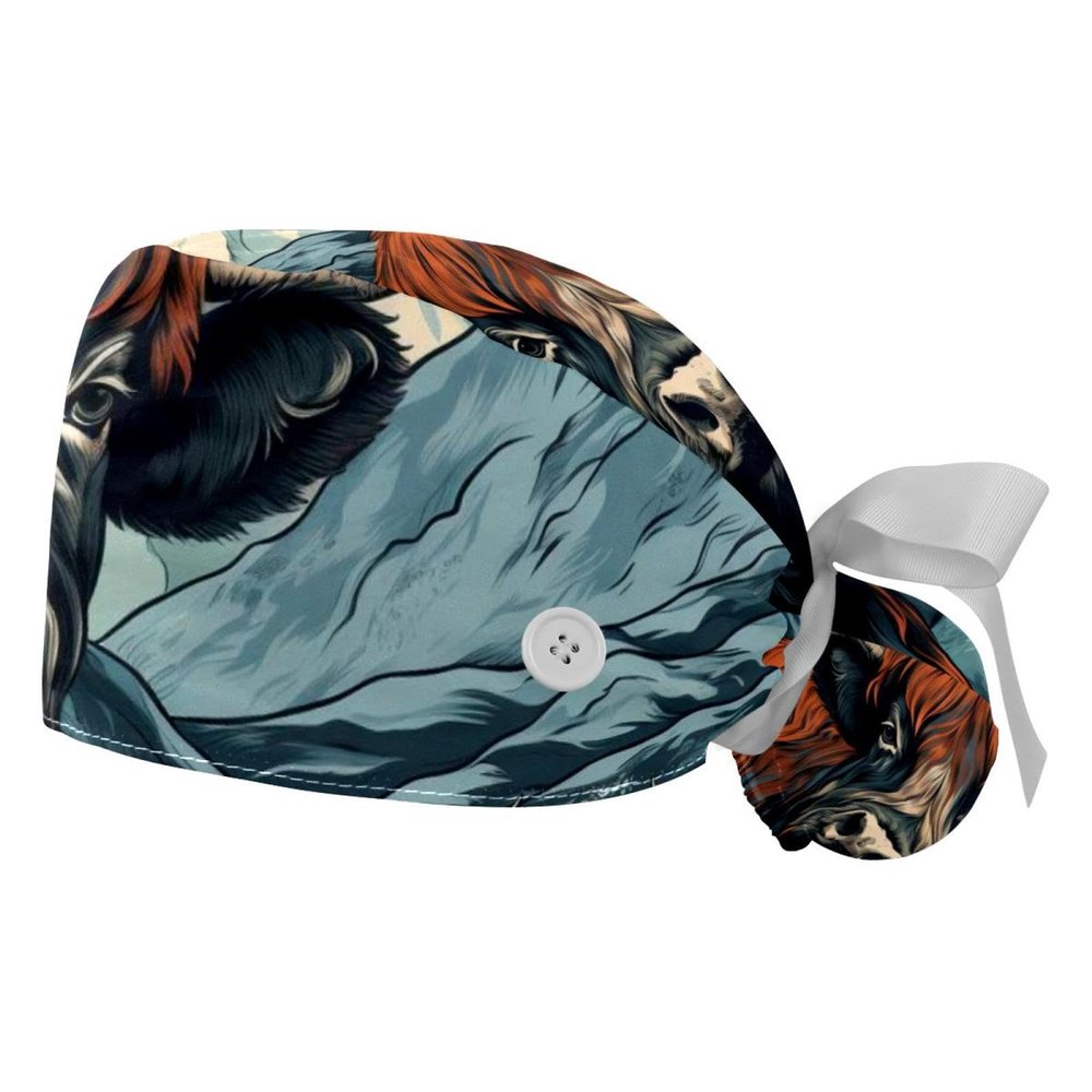 2-Pc,Gourd-Shaped Working Cap,Fisherman Hat with Buttons and Cotton Sweatband,Animal Art Cow Illustration