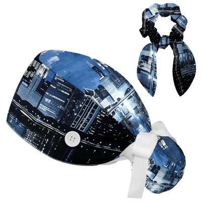 Nurse Scrub Caps,Scrub Hats with Buttons and Cotton Sweatband,City River Landscape Night