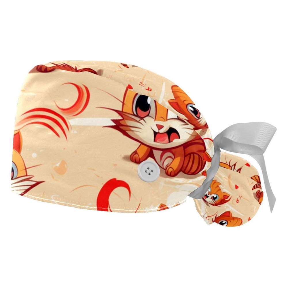2-Pc,Gourd-Shaped Working Cap,Fisherman Hat with Buttons and Cotton Sweatband,Floral Happy Tiger