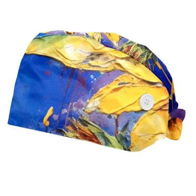 2-Pc,Bouffant Nurse Hats,Scrub Cap Adjustable Scrub Hats with Sweatband,Art Style Watercolor Sunflower