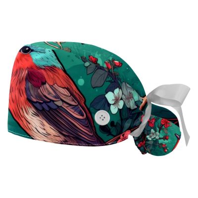 2-Pc,Gourd-Shaped Working Cap,Fisherman Hat with Buttons and Cotton Sweatband,Animal Bird and Wild Flower Pattern