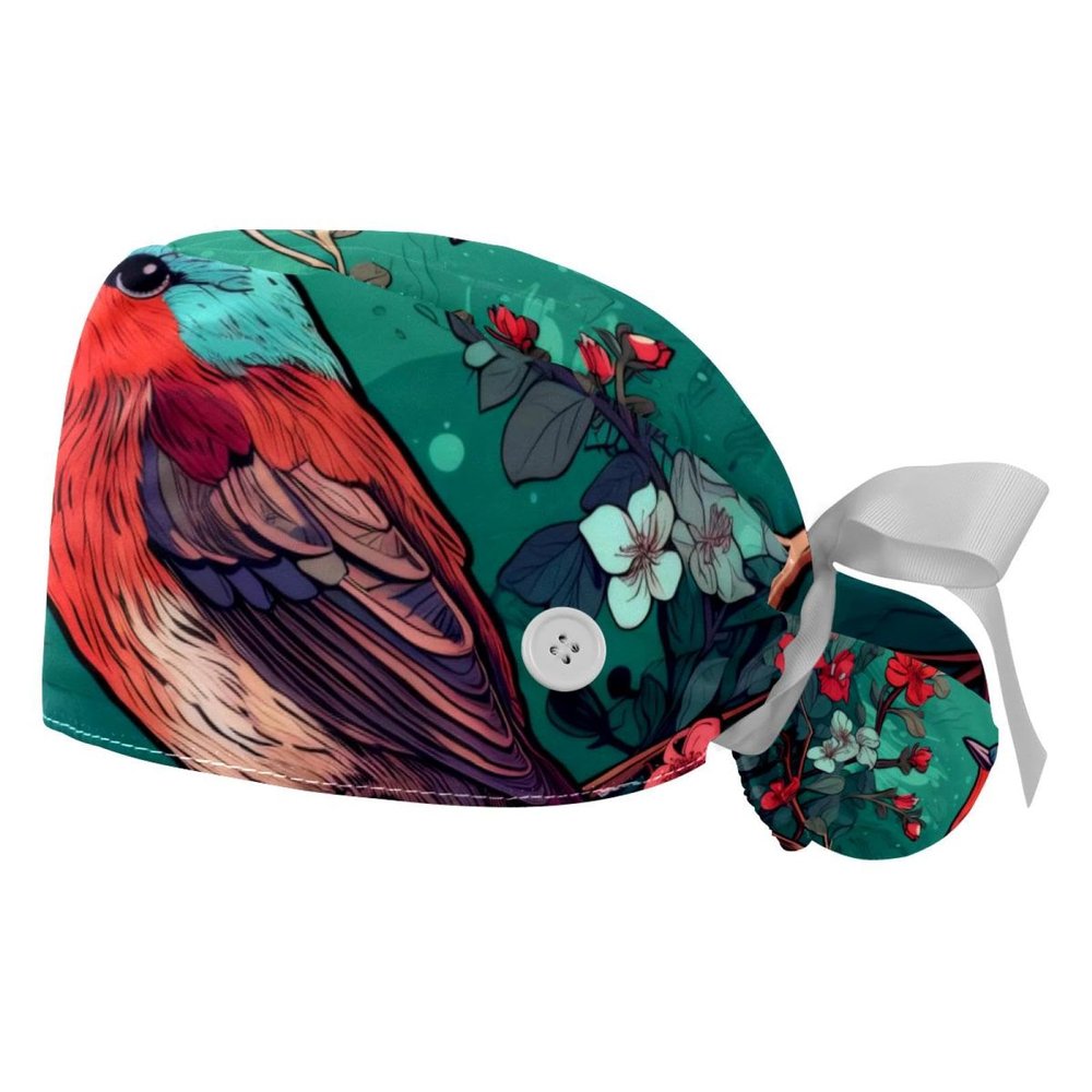 2-Pc,Gourd-Shaped Working Cap,Fisherman Hat with Buttons and Cotton Sweatband,Animal Bird and Wild Flower Pattern