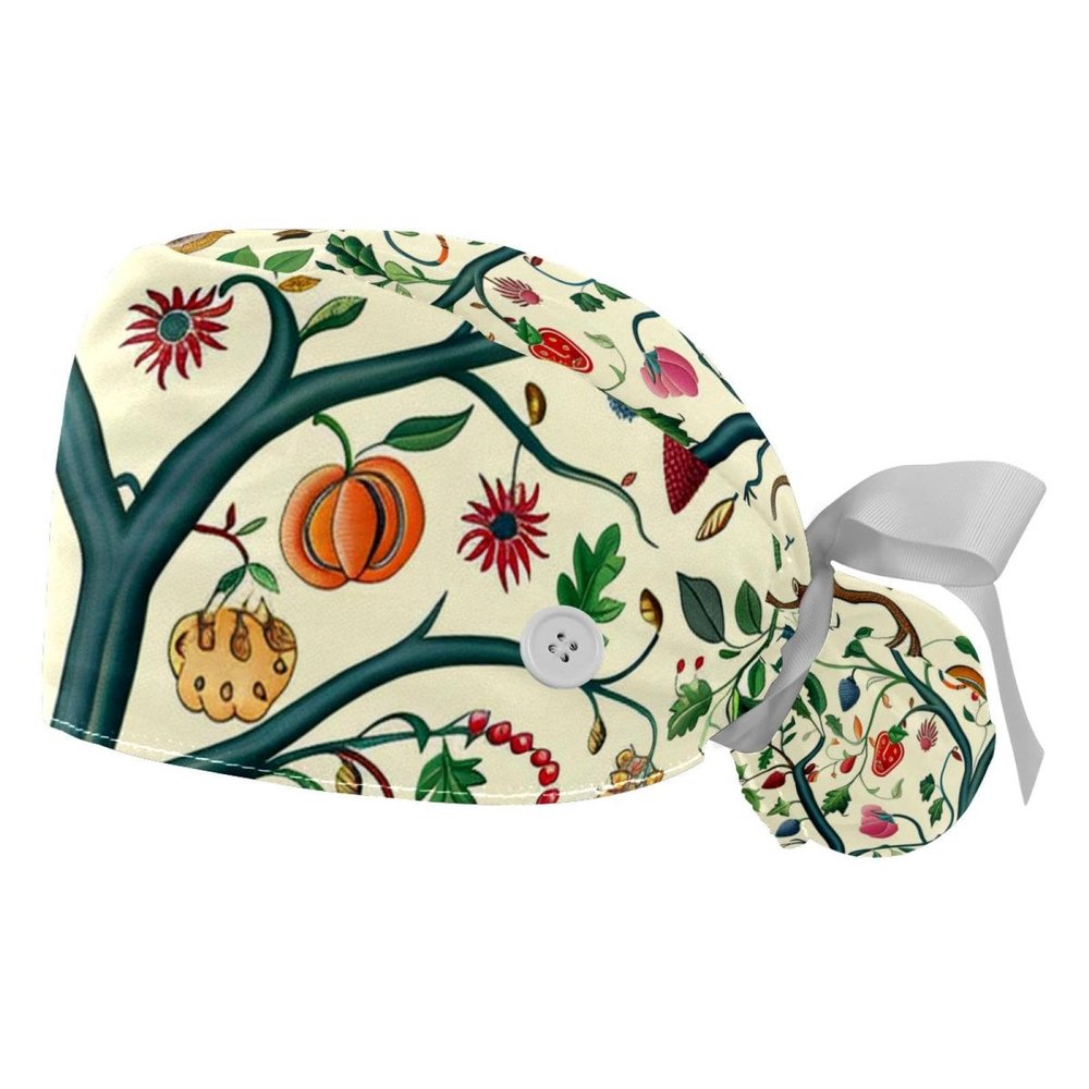 2-Pc,Gourd-Shaped Working Cap,Fisherman Hat with Buttons and Cotton Sweatband,Cartoon Tree Floral Fruit