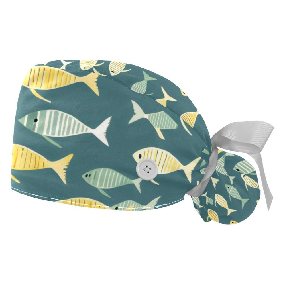 2-Pc,Gourd-Shaped Working Cap,Fisherman Hat with Buttons and Cotton Sweatband,Abstract Ocean Fish Sea
