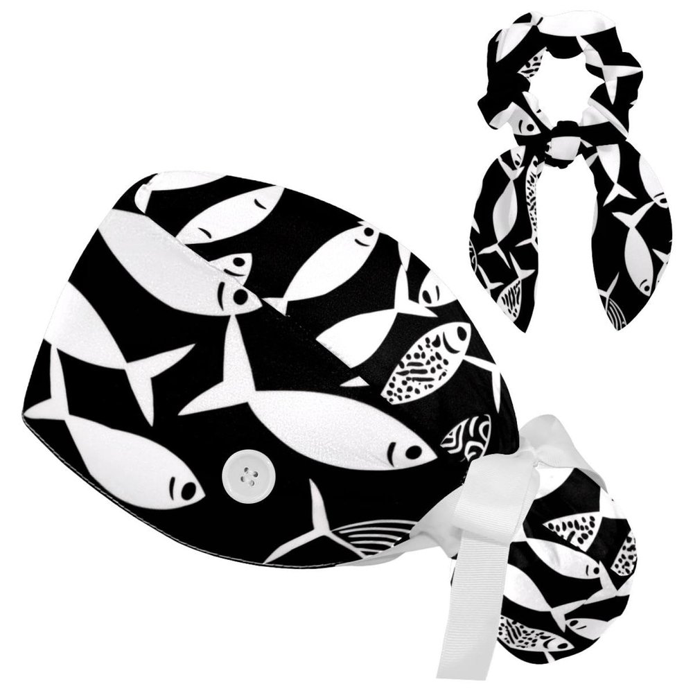 Nurse Scrub Caps,Scrub Hats with Buttons and Cotton Sweatband,Black and White Fish