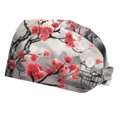 2-Pc,Bouffant Nurse Hats,Scrub Cap Adjustable Scrub Hats with Sweatband,Cherry Blossom Mountain River